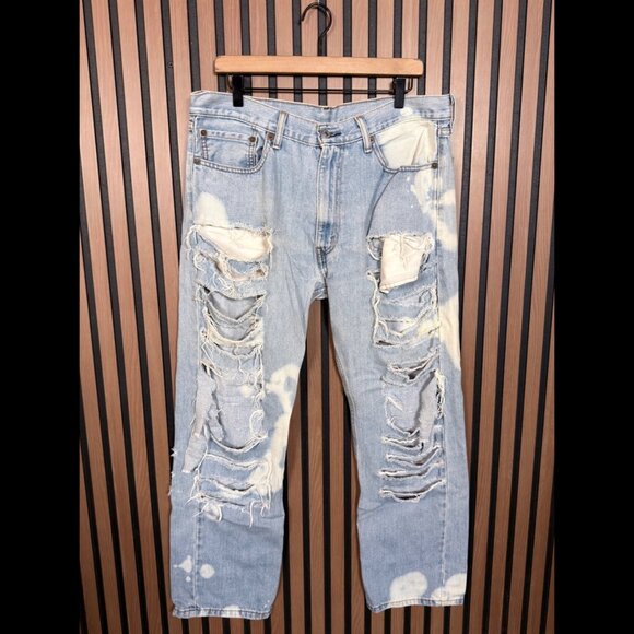 Levis 505 Jeans 36 x 30 Mens Blue Regular Fit Acid Wash Destroyed Denim - Picture 1 of 8